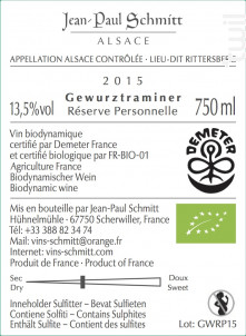 Gewurztraminer Rittersberg Réserve Personnelle - Domaine Jean-Paul Schmitt - 2015 - Blanc
